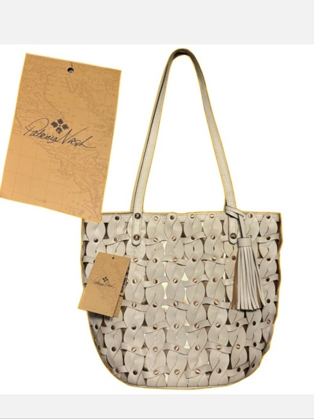 Large Patricia Nash Cream Woven Leather Tote with Tassel